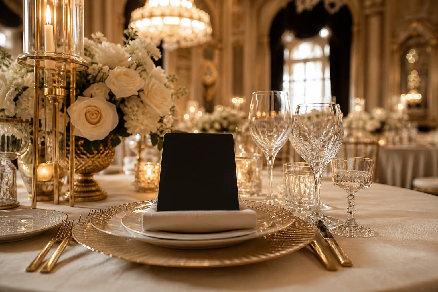 Place setting and stemware detail in the Windsor Salon