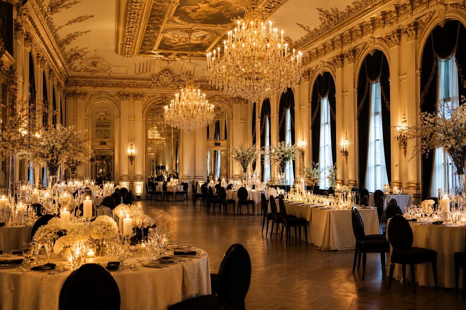 The Grand Ballroom set for a seated dinner beneath the chandeliers