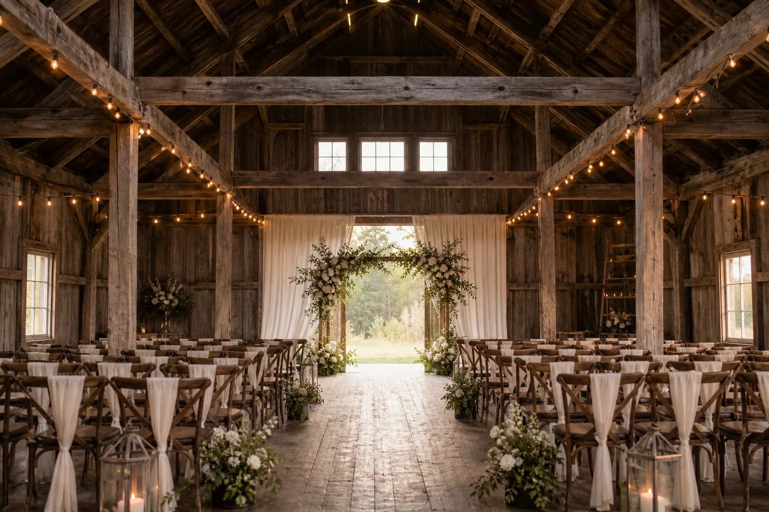 Ceremony chairs set on the orchard lawn