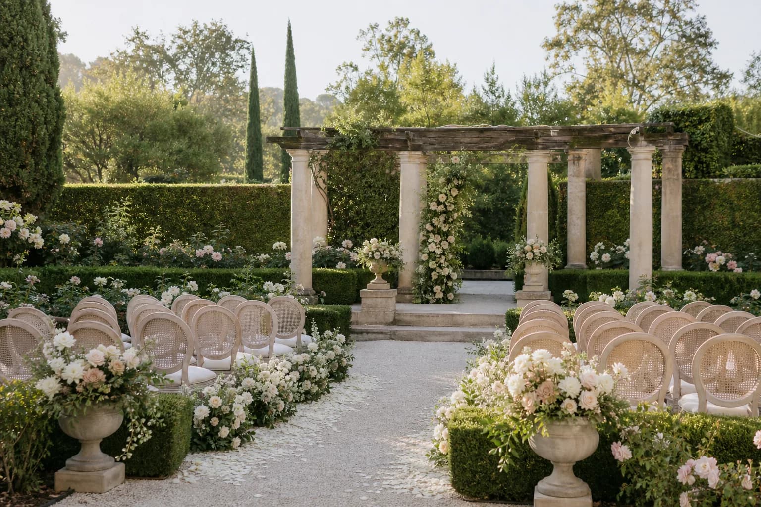 Ceremony chairs set among the beds of the Walled Garden