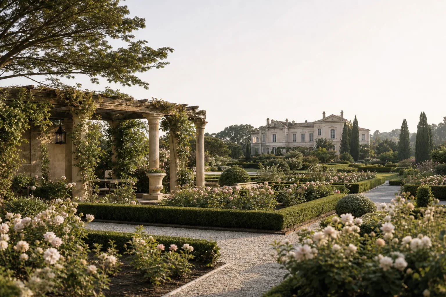 Trestle tables set for dinner beneath the Rose Pergola
