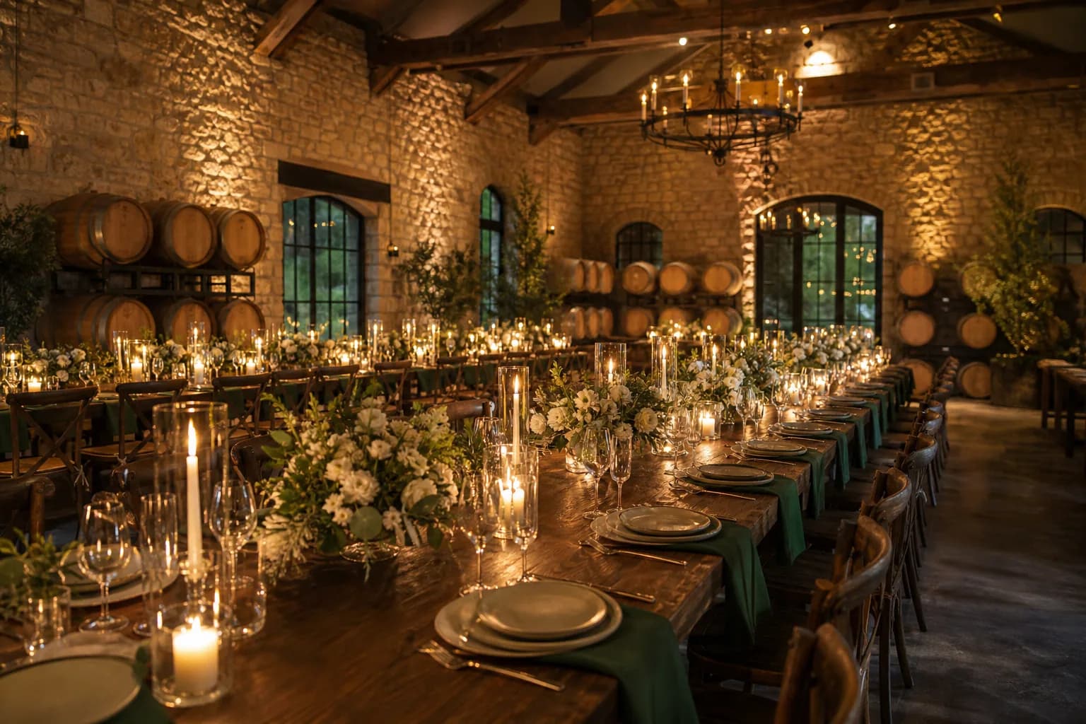 The Terrace set with a long harvest table under bistro lighting